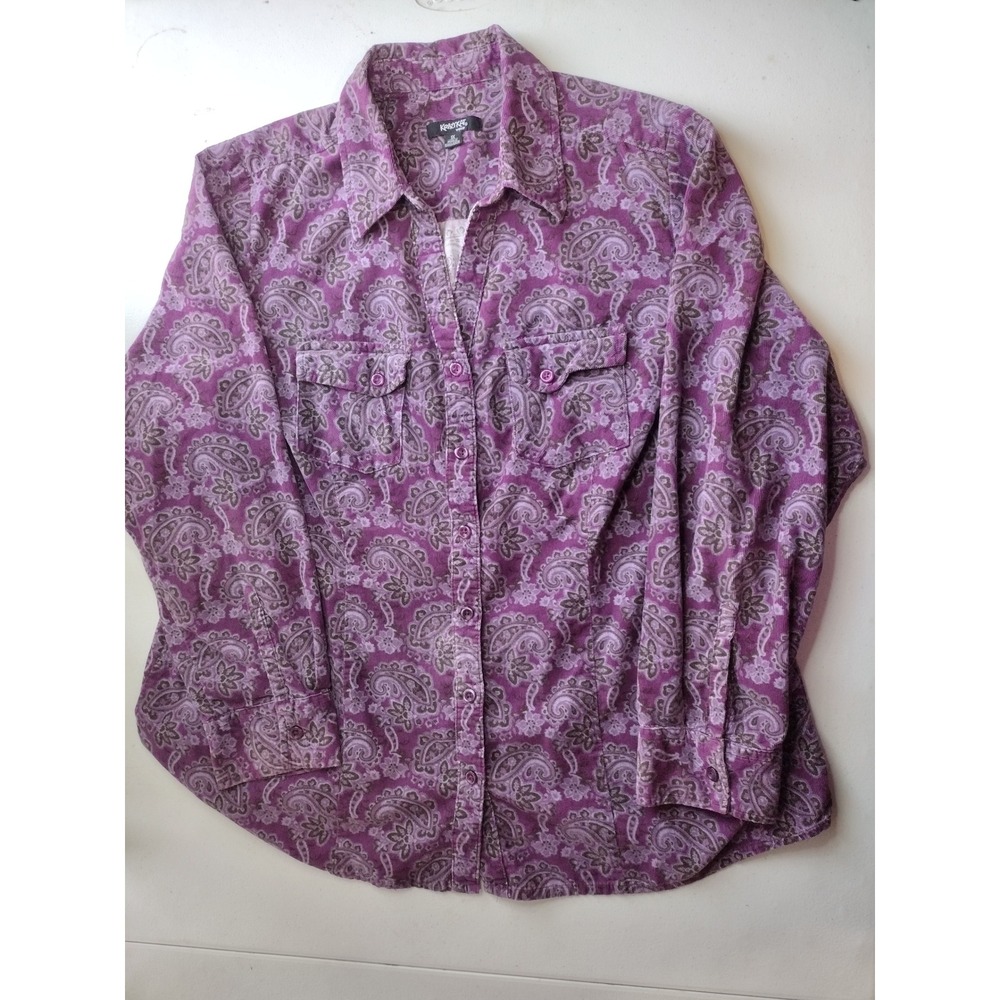 KRAZZKAT Woman Purple Paisley Corduroy Button Up‎ Shirt Size 1X Long Sleeve